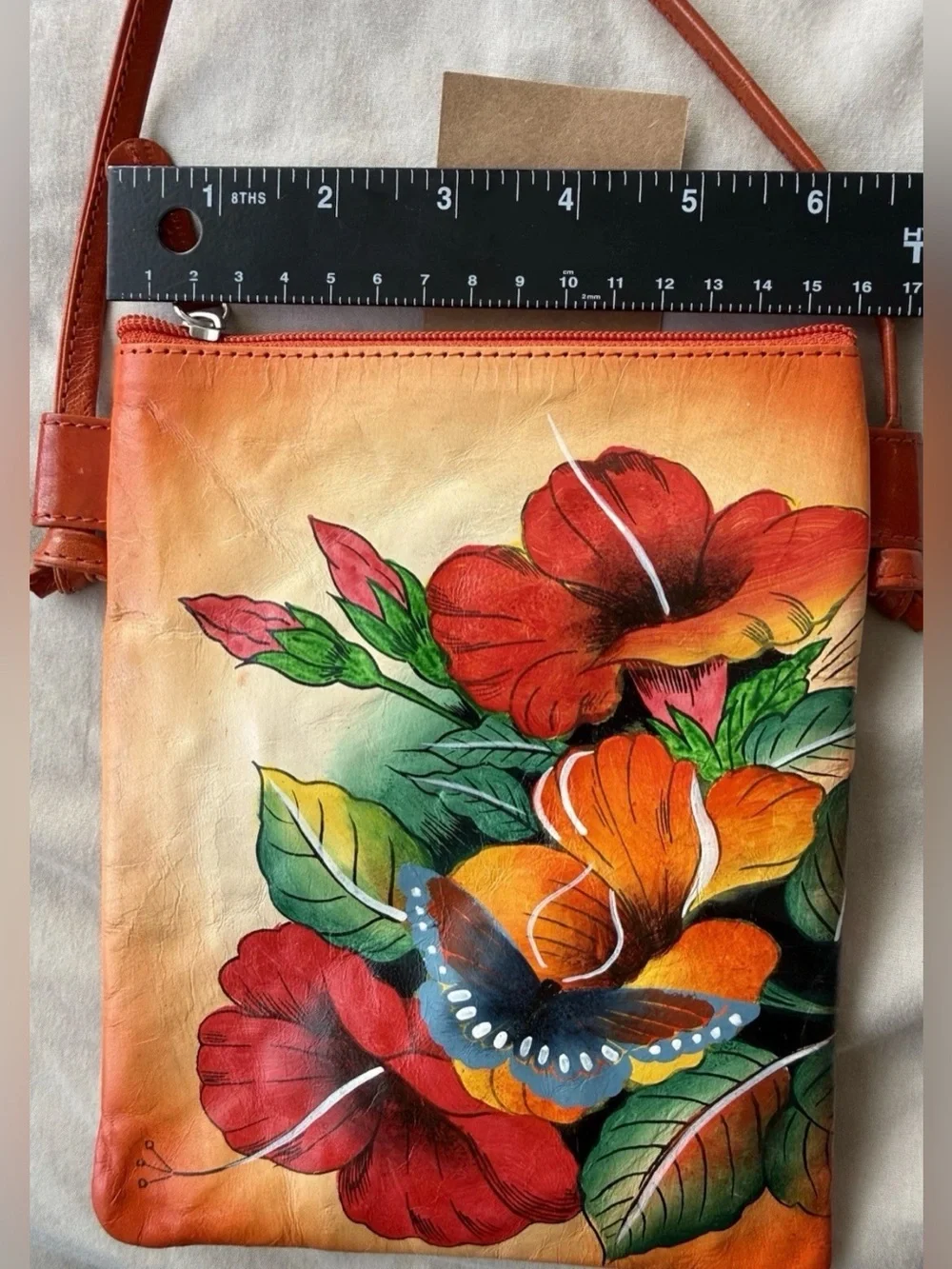 Hand Painted Genuine Leather Crossbody Bag Floral Butterfly Anuschka Style Boho